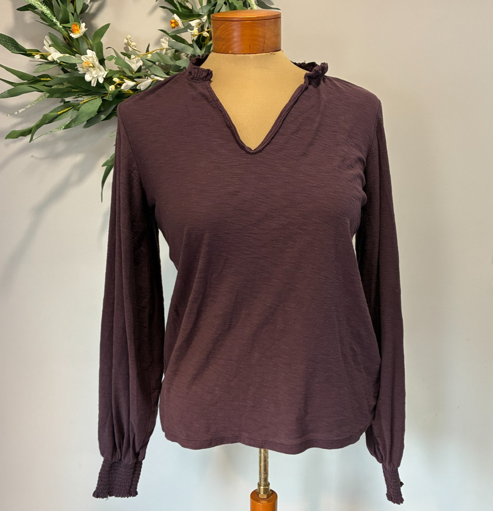 Nation LTD Pima Cotton Ruffle V-Neck Top Smocked Cuff Long Sleeve Plum Peru, S